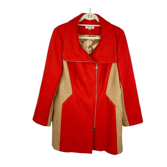 Calvin Klein Wool Peacoat Double Zip Colorblock Orange Camel Women’s 14 - Picture 1 of 8